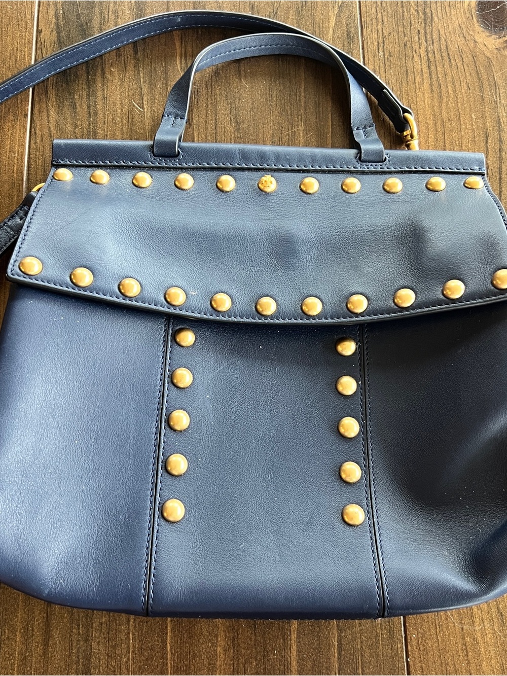 Tory Burch navy blue leather Block-T stud satchel